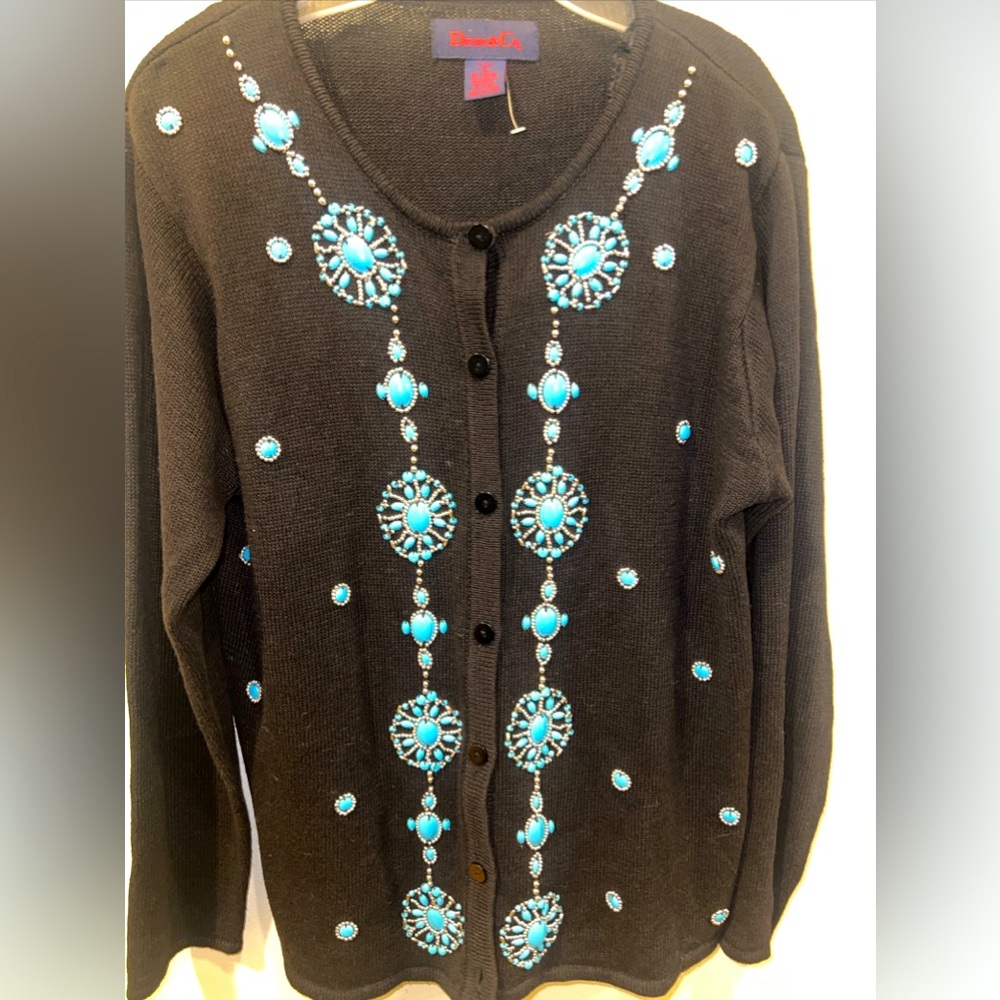 Denim & Co Black Turquoise Silver Beaded Embellished Button Up Cardigan Size M